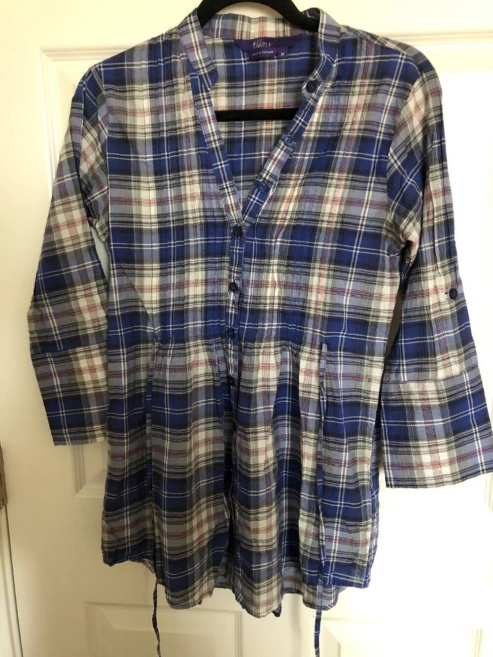 Miley Cyrus Women's Blue Plaid Shirt Size M 100% Cotton V Neck Tie Maxi Azria